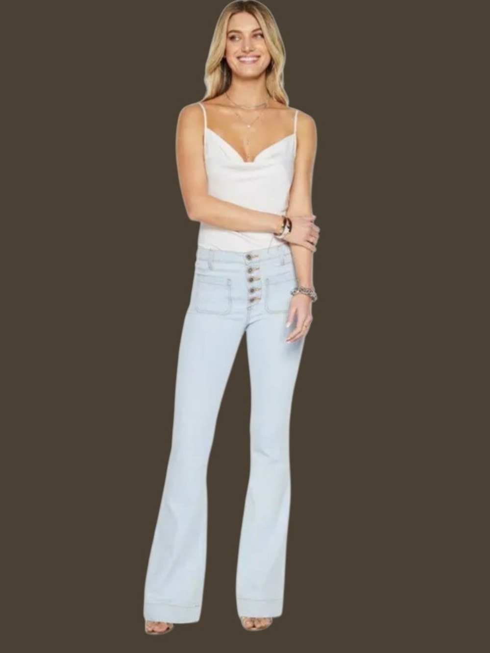 RAMY BROOK Retro Cindy High Rise Flare Patch Pocket Jeans In Bleach Blue 26